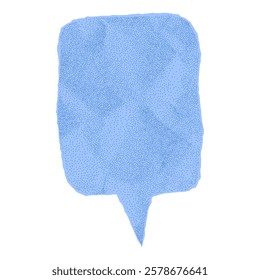 Distressed blue speech bubble made of crumpled paper, isolated template for banner. Dialogue balloon with dotted gritty texture halftone effect, notebook sheet with worn torn edges.