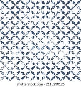 Distressed blue and white geometric seamless pattern. Rough faded vintage style. Great for fashion, textiles, surface textures, giftwrap, wallpaper.