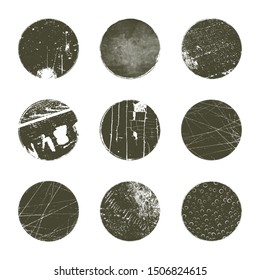 Distressed bold stamp texture set. Circular halftone ink background. Empty hi-quality element. Grunge circle overlay mockup. Original logo blank High detailed quality. Icon basis. EPS10 vector.
