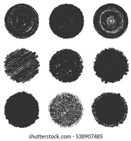 Distressed bold stamp texture set. Circular crayon charcoal background. Empty hi-quality element. Grunge circle overlay mockup. Original logo blank High detailed quality. Icon basis. EPS10 vector.