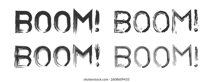 Distressed boom text typography in rough ink brush style