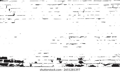 a distressed brick wall in black and white, showing an aged and weathered texture with irregular patterns