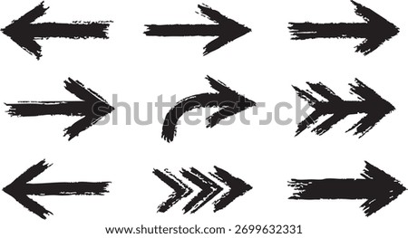 Distressed brush stroke arrows textured grunge pointers rugged directional symbols.