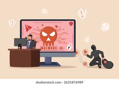 Distressed Businessman Confronts a Pervasive Malware Attack on His Computer System, Clearly Illustrated by a Threatening Skull Icon and an Active Hacker Figure.