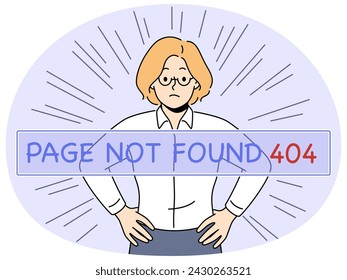 Distressed businesswoman see page not found problem. Unhappy female employee receive 404 error notification while working. Vector illustration.