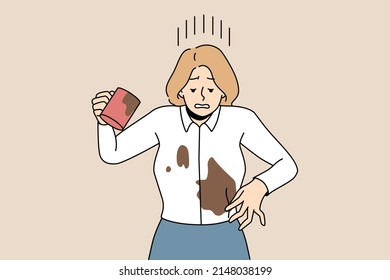 Distressed Businesswoman Spill Coffee On Blouse. Unhappy Woman Douse Herself With Drink. Clumsy Careless Female Accident At Workplace. Vector Illustration, Cartoon Character. 