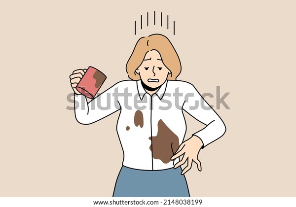 Distressed\
businesswoman spill coffee on blouse. Unhappy woman douse herself\
with drink. Clumsy careless female accident at workplace. Vector\
illustration, cartoon character.\
