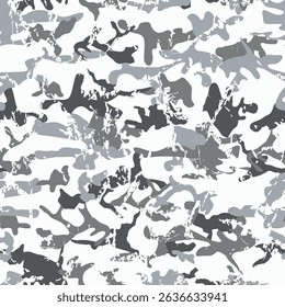 Distressed camo pattern for hunting, snow hunting, and gear, with rugged gray, black, and white tones for snowy terrains. Ideal for stealth and durability.