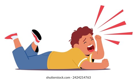 Distressed Child Unleashes A Torrent Of Tears, Beats Against The Ground, And Screams Uncontrollably. Kid Boy Character Engulfed In A Hysterical Tantrum. Cartoon People Vector Illustration