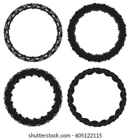Distressed circle symmetry frame textures set. Empty grunge round border backgrounds. Logo, icon, badge, lable used aged template. EPS10 vector.