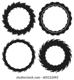 Distressed circle symmetry frame textures set. Empty grunge round border backgrounds. Logo, icon, badge, lable used aged template. EPS10 vector.