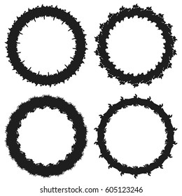 Distressed circle symmetry frame textures set. Empty grunge round border backgrounds. Logo, icon, badge, lable used aged template. EPS10 vector.