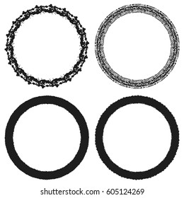 Distressed circle symmetry frame textures set. Empty grunge round border backgrounds. Logo, icon, badge, lable used aged template. EPS10 vector.