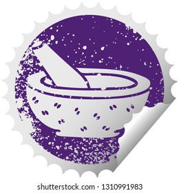 distressed circular peeling sticker quirky symbol pestle and mortar