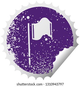 distressed circular peeling sticker symbol of a red flag