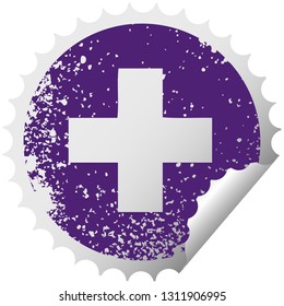 distressed circular peeling sticker symbol of a addition symbol