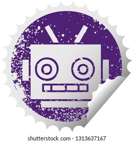 distressed circular peeling sticker symbol of a robot head