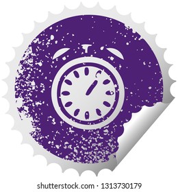 distressed circular peeling sticker symbol of a alarm clock