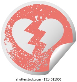 distressed circular peeling sticker symbol of a broken heart