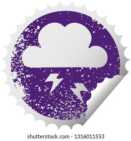 distressed circular peeling sticker symbol of a thunder cloud