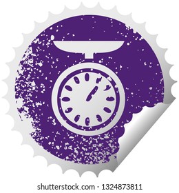 distressed circular peeling sticker symbol of a weighing scale