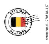 A distressed, circular post stamp featuring the flag of Belgium and the word 