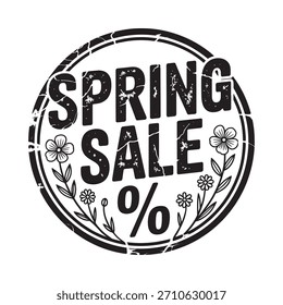 Un estampado circular angustiado que anuncia una venta de primavera con Elementos florales y un símbolo de descuento porcentual.