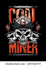 distressed coal miner design with three skulls wearing hard hats for stickers or tees