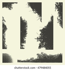 Distressed corner and edge textures set. Grunge border isolated elements collection. Templates for aging your design. EPS10 vector.