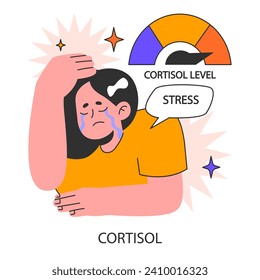 Distressed crying woman with elevated cortisol level. Hormonal reaction on stress. Emotional strain. Chronic stress, breakdown and anxiety mental disorder. Flat vector illustration.