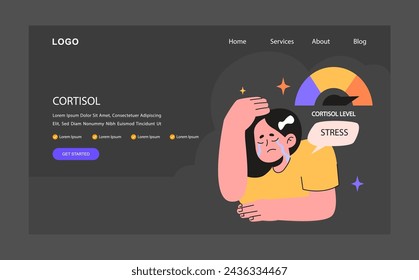 Distressed crying woman with elevated cortisol level night or dark mode web banner or landing page. Hormonal reaction on stress. Chronic stress, breakdown and anxiety. Flat vector illustration.