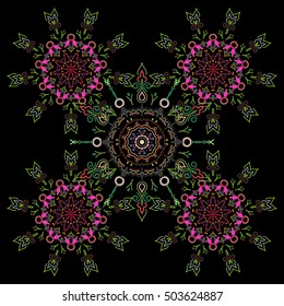 Distressed damask seamless pattern background tile. Vector seamless ornament on black background.