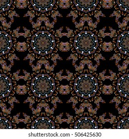 Distressed damask seamless pattern background tile. Vector seamless ornament in brown colors on a black background.