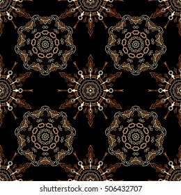 Distressed damask seamless pattern background tile. Vector seamless ornament in brown colors on a black background.