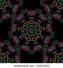 Distressed damask seamless pattern background tile. Vector seamless ornament in green, purple and magenta colors on a black background.