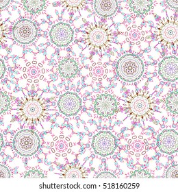 Distressed damask seamless pattern background tile. Vector seamless ornament in neutral, green and brown colors on a white background.