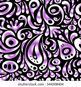 Distressed damask seamless pattern background tile. Vector seamless ornament in white and violet colors on a black background.