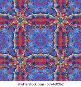 Distressed damask seamless pattern background tile. Vector seamless ornament in blue and red colors.