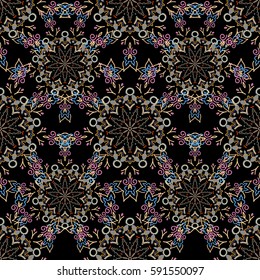 Distressed damask seamless pattern background tile. Vector seamless ornament in orange, yellow and beige colors on a black background.