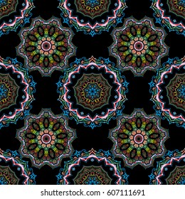 Distressed damask seamless pattern background tile. Vector seamless ornament on black background.
