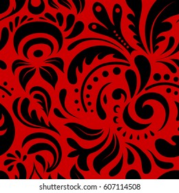 Distressed damask seamless pattern background tile. Vector seamless ornament on red background.