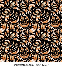 Distressed damask seamless pattern background tile. Vector seamless ornament on black background.