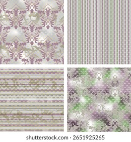 Distressed Damask and Stripe Patterns in muted pastels for shabby chic textiles. Vector seamless border in Victorian style. background set. Vector, illustration