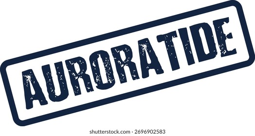 Un efecto de sello de goma azul oscuro afligido con la palabra "Auroratide" es visible en una superficie blanca limpia, transmitiendo una marca texturizada.
