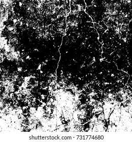 Distressed dark grainy overlay texture. Grunge dust messy background. Dirty powder rough empty cover template. Aged splatter crumb wall backdrop. Weathered drips aging design element. EPS10 vector.