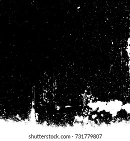 Distressed dark grainy overlay texture. Grunge dust messy background. Dirty powder rough empty cover template. Aged splatter crumb wall backdrop. Weathered drips aging design element. EPS10 vector.