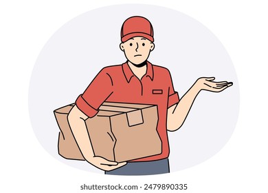 Repartidor angustiado con caja de cartón dañada en las manos. Descontento confundido mensajero o mensajero con mal pedido de paquetes. Servicio de entrega. Ilustración vectorial.