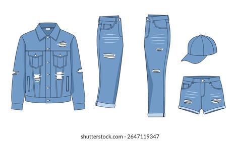 O Vestiário de Sonho de Denim angustiado com um casaco Jeans Shorts e boné de beisebol