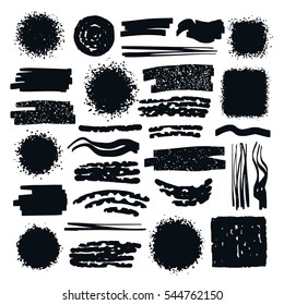 Distressed design elements isolated on white background set. Circles, squares, lines, brush strokes