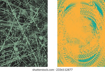 Distressed dotted design element. Duo tone, grunge poster . Modern art .Abstract, grungy composition . Half tone background. Halftone dots texture effect .Contemporary vector. Grange design